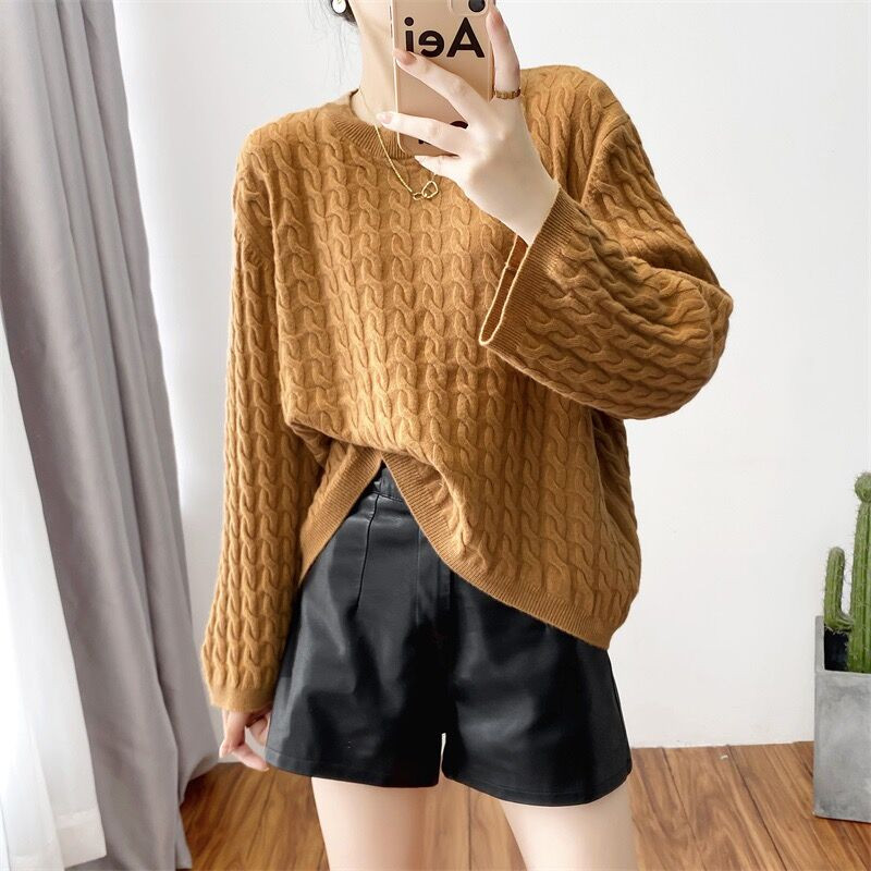 Γυναικείο πουλόβερ από 100% αγνό μαλλί κασμίρ, πουλόβερ με γιακά O casual πλεκτό τοπ φθινόπωρο και χειμώνα χαλαρό πουλόβερ μόδας κορεατικής έκδοσης