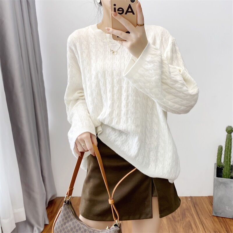 Γυναικείο πουλόβερ από 100% αγνό μαλλί κασμίρ, πουλόβερ με γιακά O casual πλεκτό τοπ φθινόπωρο και χειμώνα χαλαρό πουλόβερ μόδας κορεατικής έκδοσης