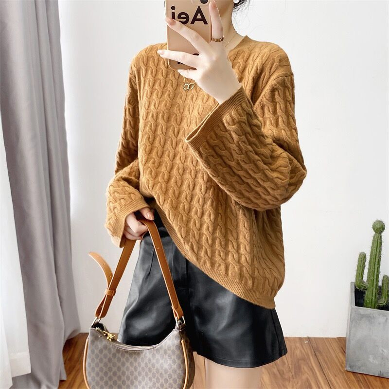 Γυναικείο πουλόβερ από 100% αγνό μαλλί κασμίρ, πουλόβερ με γιακά O casual πλεκτό τοπ φθινόπωρο και χειμώνα χαλαρό πουλόβερ μόδας κορεατικής έκδοσης