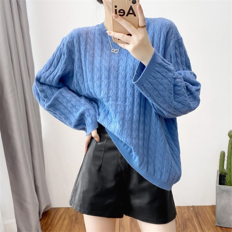 Γυναικείο πουλόβερ από 100% αγνό μαλλί κασμίρ, πουλόβερ με γιακά O casual πλεκτό τοπ φθινόπωρο και χειμώνα χαλαρό πουλόβερ μόδας κορεατικής έκδοσης