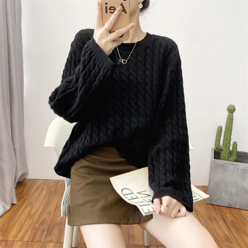 Γυναικείο πουλόβερ από 100% αγνό μαλλί κασμίρ, πουλόβερ με γιακά O casual πλεκτό τοπ φθινόπωρο και χειμώνα χαλαρό πουλόβερ μόδας κορεατικής έκδοσης