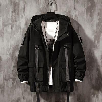 Dropshipping Vīriešu ielas apģērbs Hip Hop Bomber Jaka 2022 Vīrietis Harajuku Lentes Kabatas Vējjaka Korejas stila Modes Apģērbs