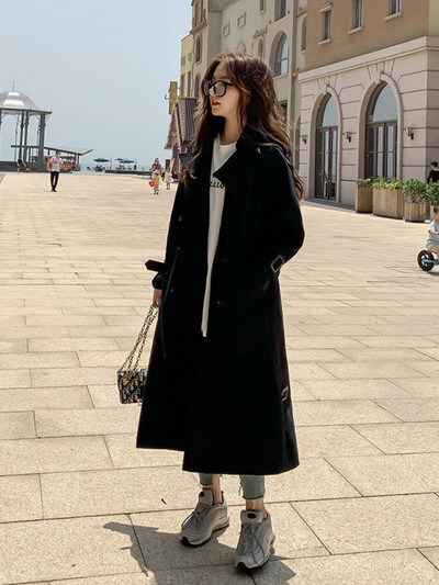 Balts sieviešu mētelis vidēja garuma pavasara rudens 2022, jauns korejiešu brīvs BF virs ceļgala britu taisns vējjaka