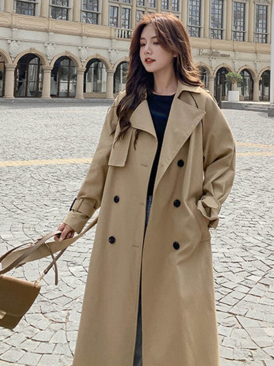 Balts sieviešu mētelis vidēja garuma pavasara rudens 2022, jauns korejiešu brīvs BF virs ceļgala britu taisns vējjaka