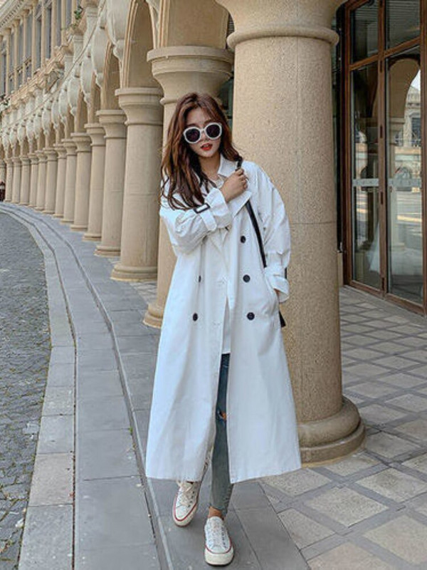 Balts sieviešu mētelis vidēja garuma pavasara rudens 2022, jauns korejiešu brīvs BF virs ceļgala britu taisns vējjaka