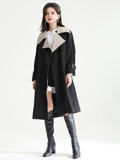 [EAM] Sieviešu krāsains bloks liela izmēra, garas tranšeja, jauns atloks ar garām piedurknēm brīvi pieguļoša vējjaka modes plūdmaiņas, pavasara 2022. gada rudens 1DF1914