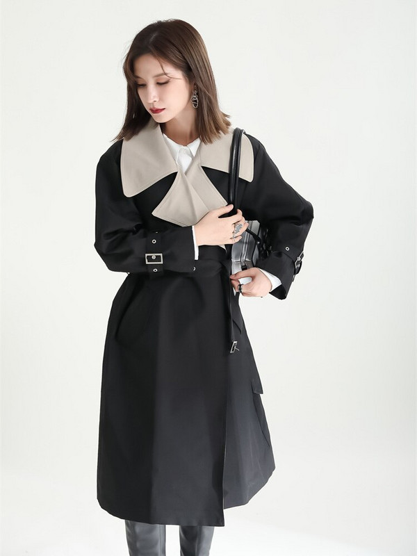 [EAM] Sieviešu krāsains bloks liela izmēra, garas tranšeja, jauns atloks ar garām piedurknēm brīvi pieguļoša vējjaka modes plūdmaiņas, pavasara 2022. gada rudens 1DF1914