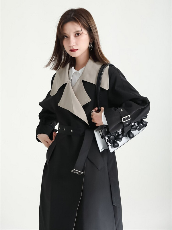 [EAM] Sieviešu krāsains bloks liela izmēra, garas tranšeja, jauns atloks ar garām piedurknēm brīvi pieguļoša vējjaka modes plūdmaiņas, pavasara 2022. gada rudens 1DF1914