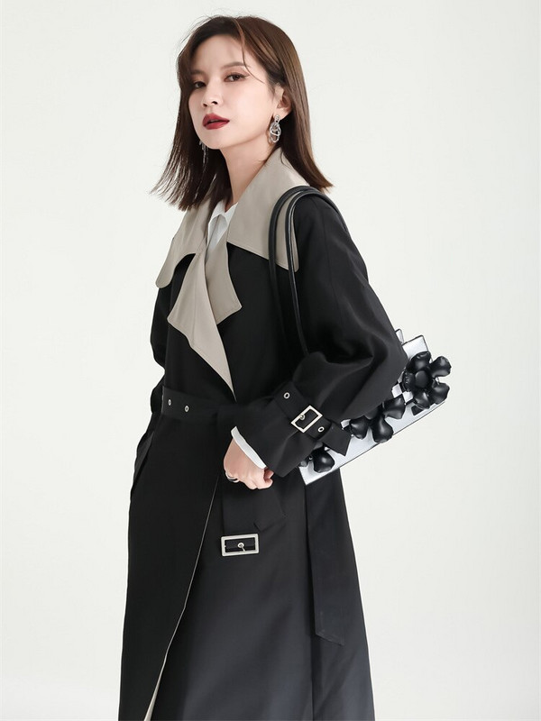 [EAM] Sieviešu krāsains bloks liela izmēra, garas tranšeja, jauns atloks ar garām piedurknēm brīvi pieguļoša vējjaka modes plūdmaiņas, pavasara 2022. gada rudens 1DF1914