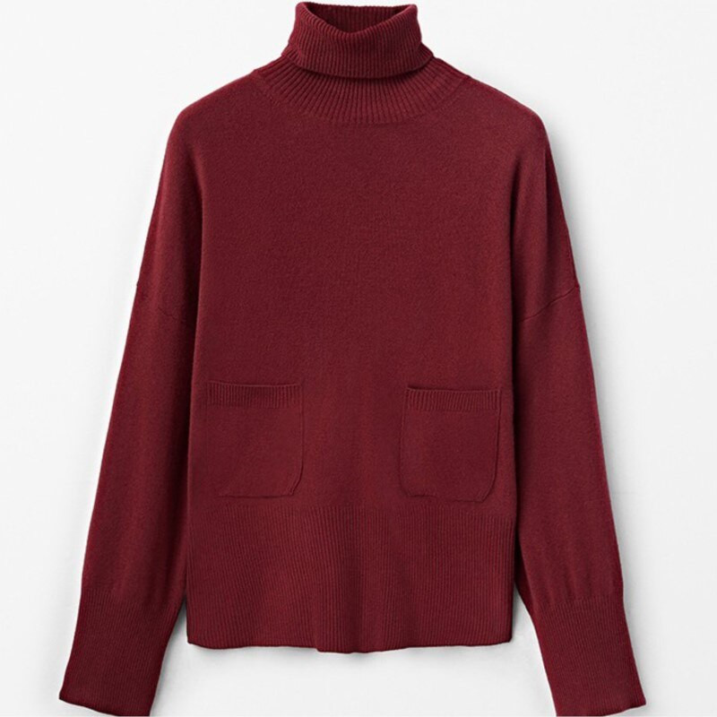 Modishdutti jesen 2022. Ženska modna zimska pletena džemper s dolčevitom Femme Jednobojni džepni jednostavni ležerni puloveri Top