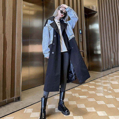 Sieviešu Trenčmētelis Džinsa savārstījums Krāsai Atbilstošs Garš mētelis Sieviešu pārsējs Vintage vaļīgi vējjakas mēteļi 2022 Jaunums