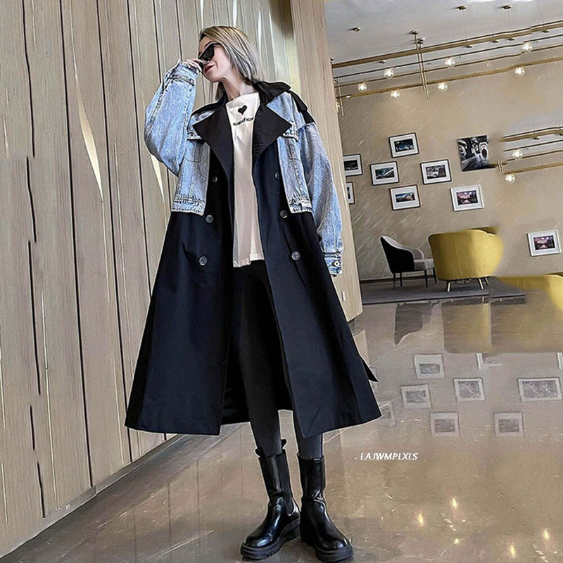 Sieviešu Trenčmētelis Džinsa savārstījums Krāsai Atbilstošs Garš mētelis Sieviešu pārsējs Vintage vaļīgi vējjakas mēteļi 2022 Jaunums