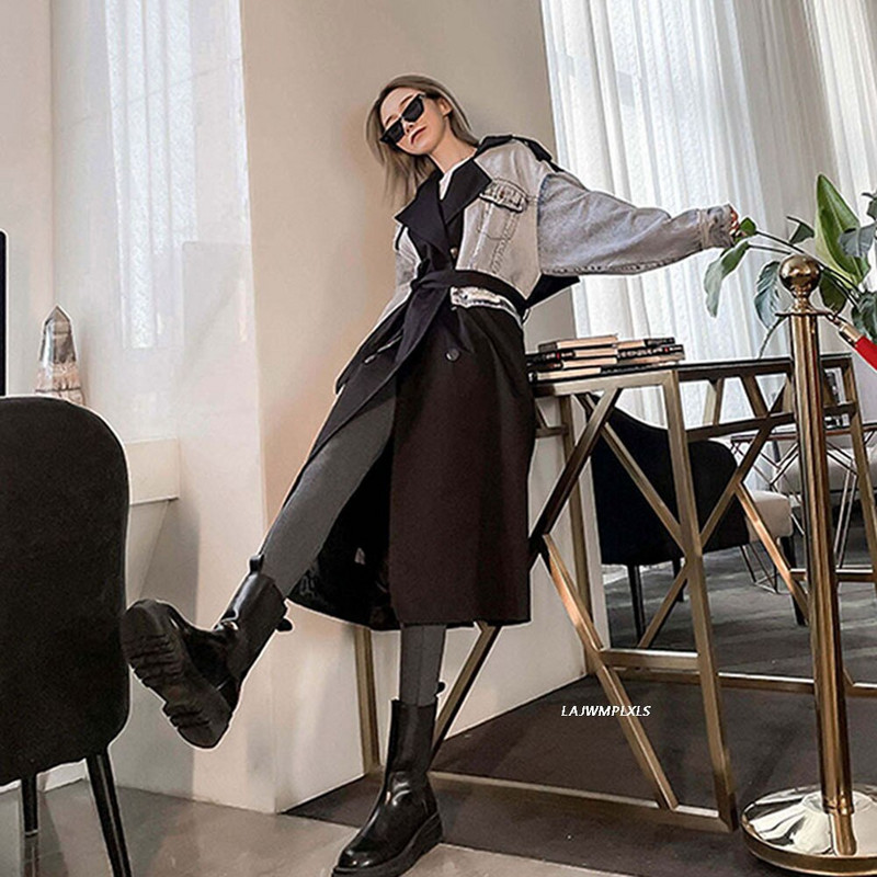 Sieviešu Trenčmētelis Džinsa savārstījums Krāsai Atbilstošs Garš mētelis Sieviešu pārsējs Vintage vaļīgi vējjakas mēteļi 2022 Jaunums