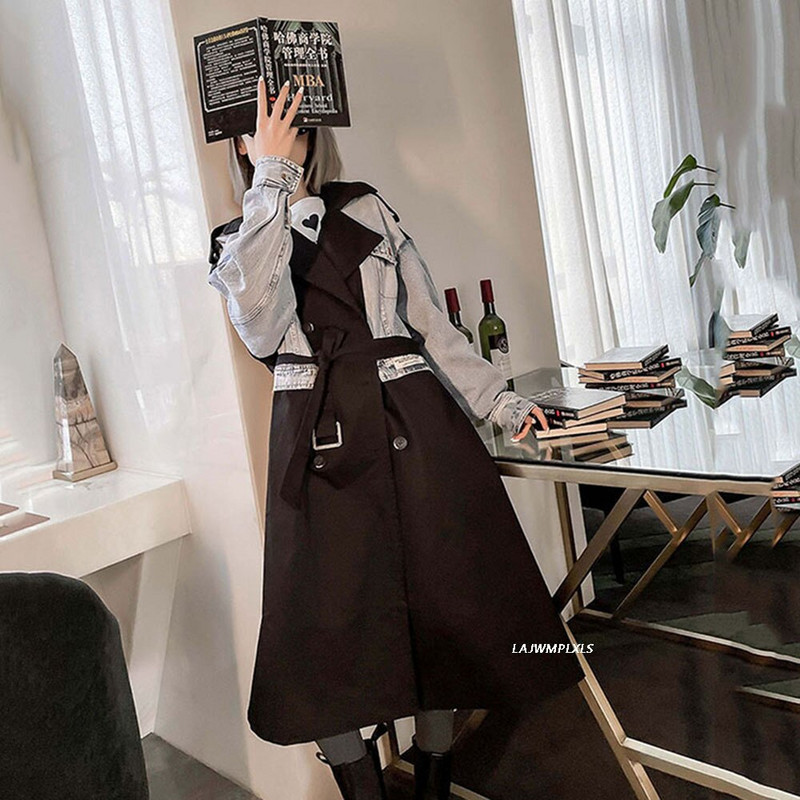 Sieviešu Trenčmētelis Džinsa savārstījums Krāsai Atbilstošs Garš mētelis Sieviešu pārsējs Vintage vaļīgi vējjakas mēteļi 2022 Jaunums