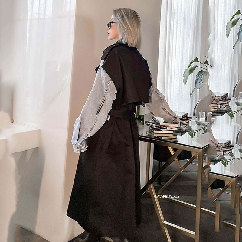 Sieviešu Trenčmētelis Džinsa savārstījums Krāsai Atbilstošs Garš mētelis Sieviešu pārsējs Vintage vaļīgi vējjakas mēteļi 2022 Jaunums