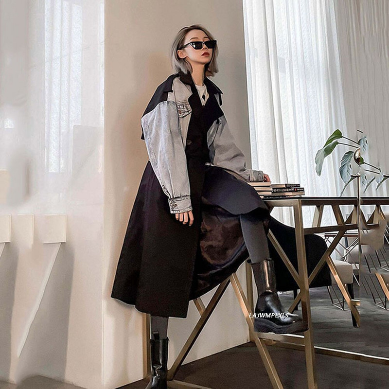 Sieviešu Trenčmētelis Džinsa savārstījums Krāsai Atbilstošs Garš mētelis Sieviešu pārsējs Vintage vaļīgi vējjakas mēteļi 2022 Jaunums