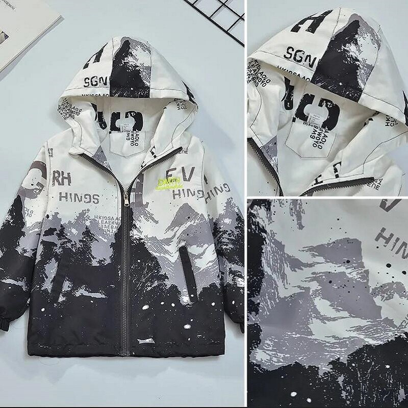 Pavasaris 4-14G Zēniem Apģērbi Jakas Bērniem Mēteļi Topi Drukas jaka Bērnu Apģērbs Virsdrēbes ar kapuci Sports Vēja necaurlaidīga vējjaka