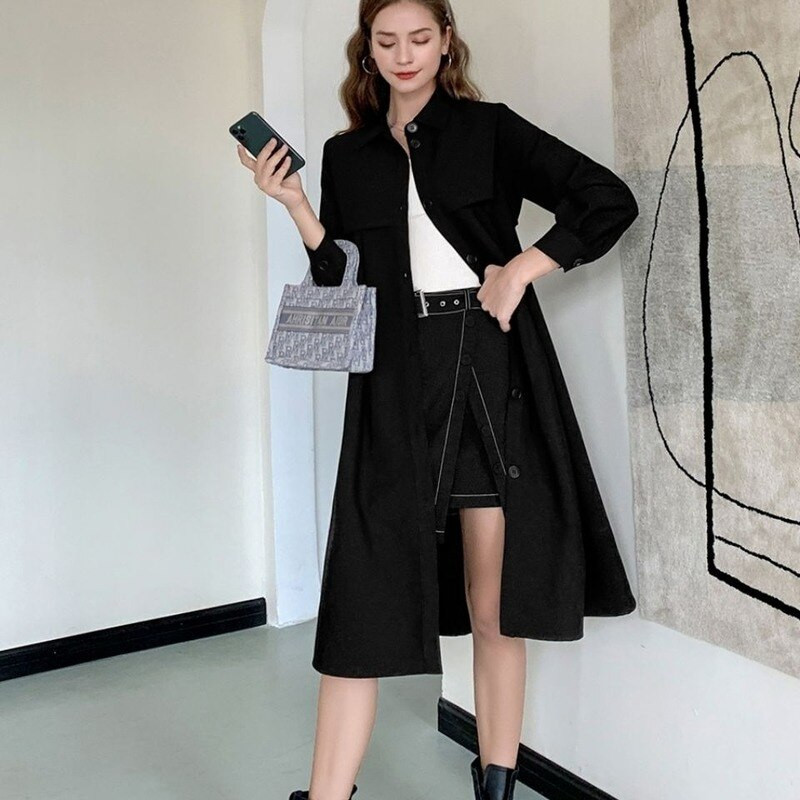 Trench női egysoros, hosszú, egyenes irodai női öv vékony, elegáns felöltő tavaszi szabadidő Stílusos laza utcai ruházat elegáns