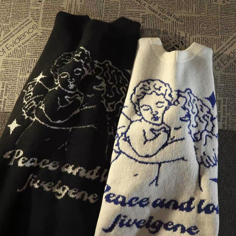 Πλεκτό πουλόβερ πουλόβερ με Έρως Πλεκτό πουλόβερ Angel printed πουλόβερ Φθινοπωρινό Harajuku Cotton Casual Jumper Μαύρο Λευκό 2022 Νέο