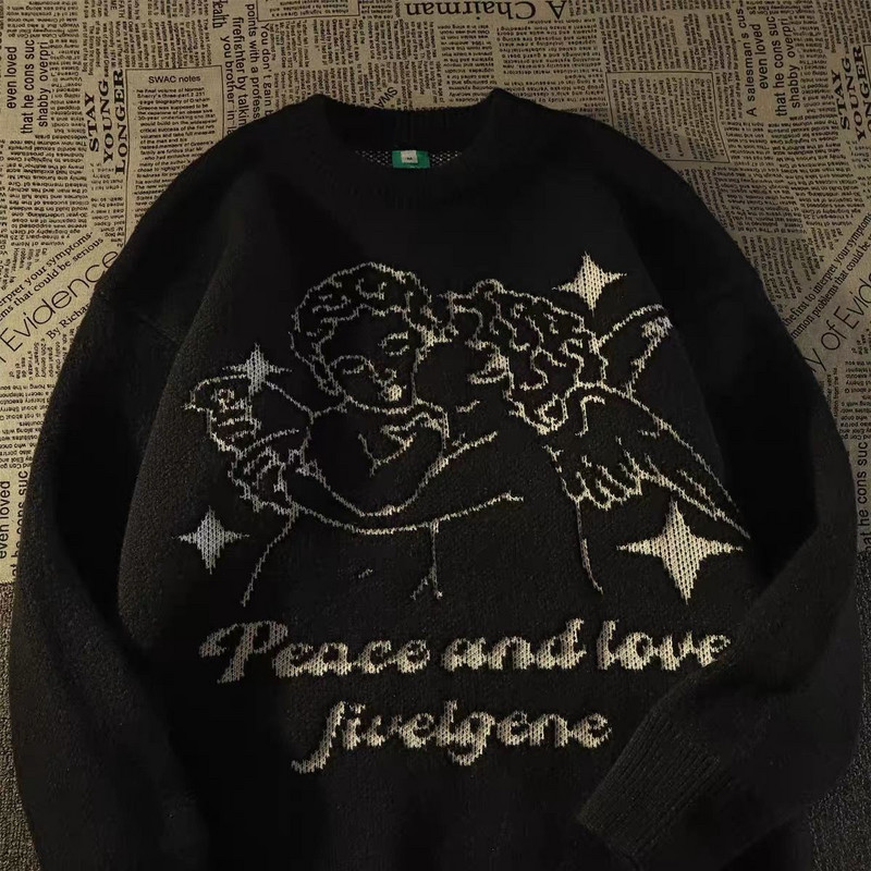 Πλεκτό πουλόβερ πουλόβερ με Έρως Πλεκτό πουλόβερ Angel printed πουλόβερ Φθινοπωρινό Harajuku Cotton Casual Jumper Μαύρο Λευκό 2022 Νέο