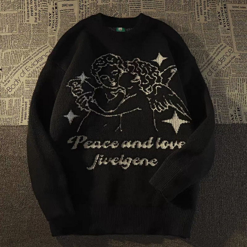 Πλεκτό πουλόβερ πουλόβερ με Έρως Πλεκτό πουλόβερ Angel printed πουλόβερ Φθινοπωρινό Harajuku Cotton Casual Jumper Μαύρο Λευκό 2022 Νέο