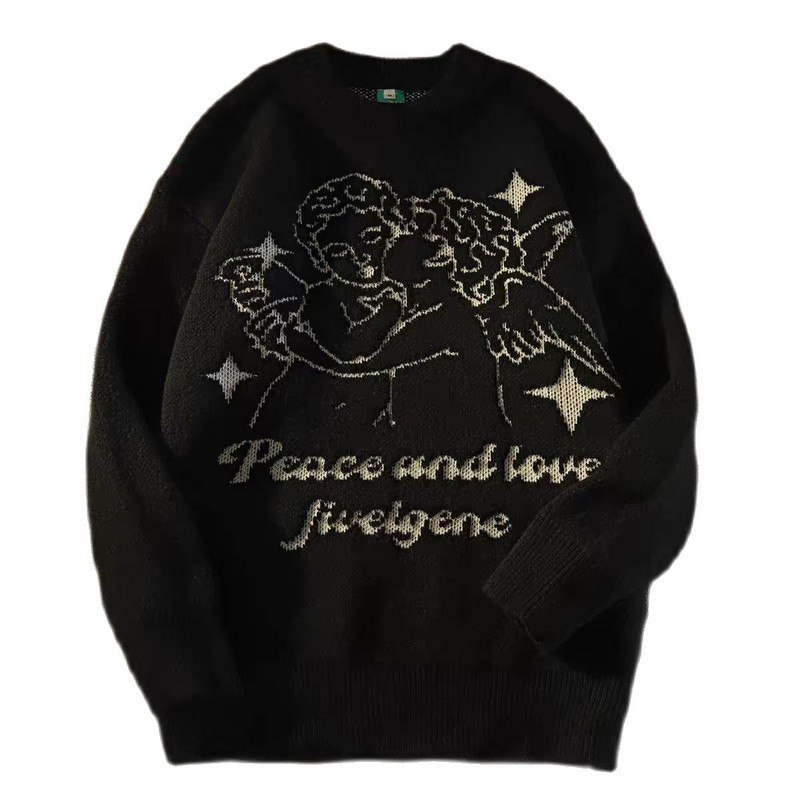 Πλεκτό πουλόβερ πουλόβερ με Έρως Πλεκτό πουλόβερ Angel printed πουλόβερ Φθινοπωρινό Harajuku Cotton Casual Jumper Μαύρο Λευκό 2022 Νέο