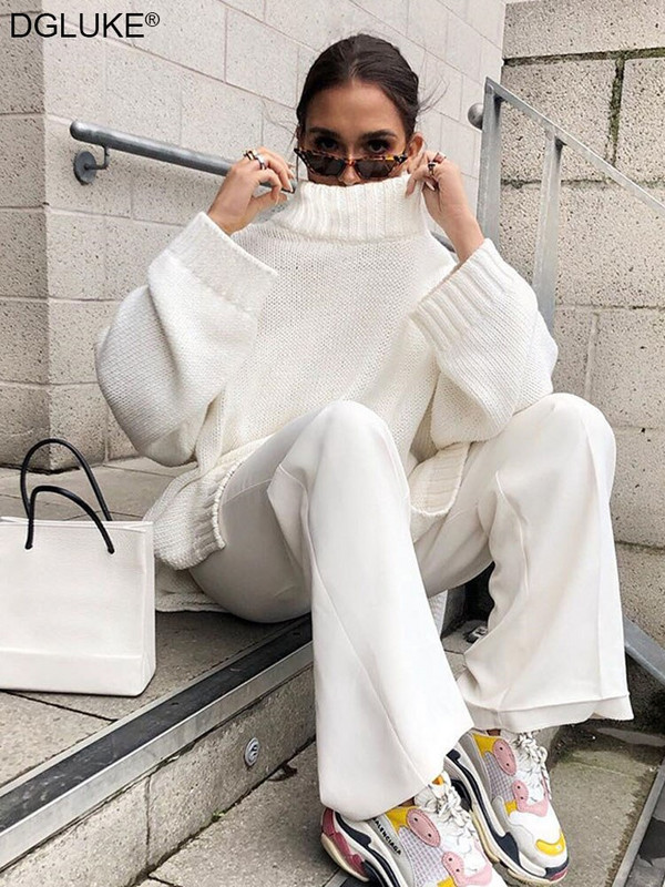 Λευκό γυναικείο πουλόβερ με ζιβάγκο Κορεάτικο Streetwear Μακρύ πουλόβερ μεγάλου μεγέθους με σχισμή μόδα Χαλαρό πλεκτό πουλόβερ