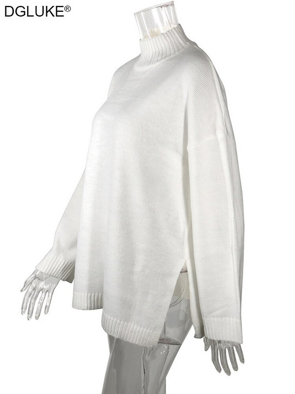 Λευκό γυναικείο πουλόβερ με ζιβάγκο Κορεάτικο Streetwear Μακρύ πουλόβερ μεγάλου μεγέθους με σχισμή μόδα Χαλαρό πλεκτό πουλόβερ