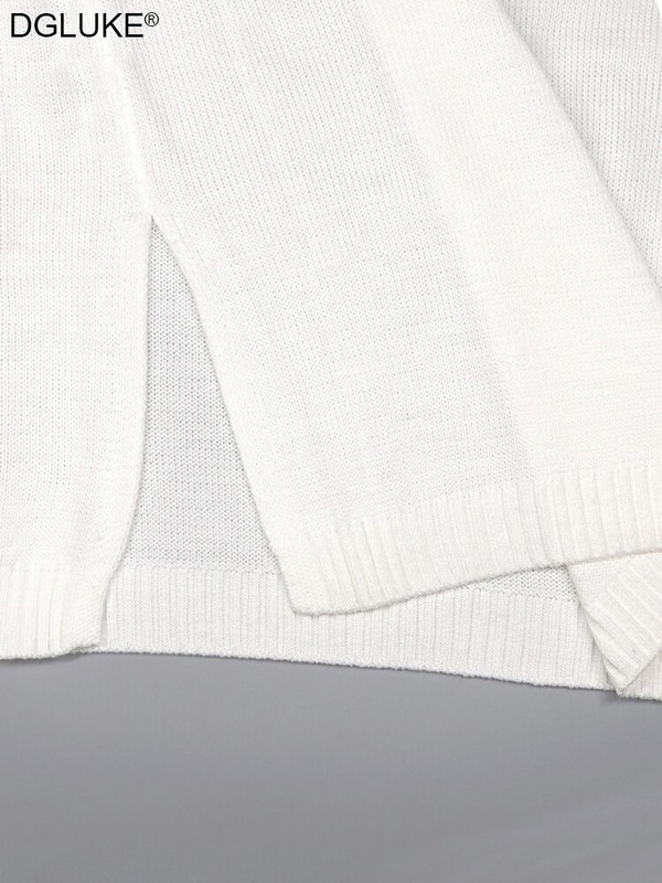 Λευκό γυναικείο πουλόβερ με ζιβάγκο Κορεάτικο Streetwear Μακρύ πουλόβερ μεγάλου μεγέθους με σχισμή μόδα Χαλαρό πλεκτό πουλόβερ