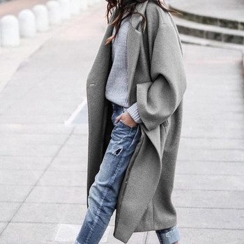 Зимно едноцветно дамско яке Топло дълго палто Дебело вълнено смесено женско улично облекло
