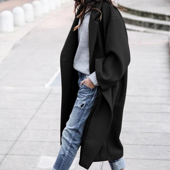 Зимно едноцветно дамско яке Топло дълго палто Дебело вълнено смесено женско улично облекло