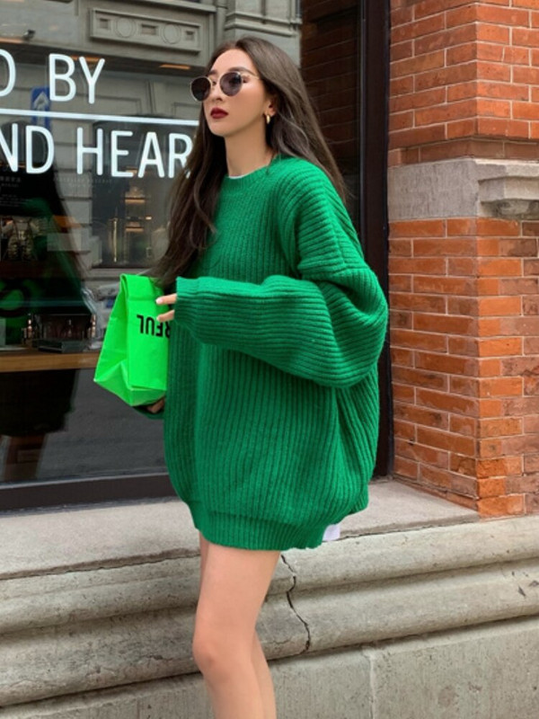 Bornladies Χαλαρό Πλεκτό Πουλόβερ Vintage V λαιμόκοψη Γυναικείο Πράσινο Χοντρό Ζεστό Πουλόβερ Chic High Street Χειμερινό πουλόβερ