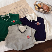 Dječji prsluk 2022, novo jesen, dječaci, djevojčice, pleteni prsluk s medvjedićima s V-izrezom