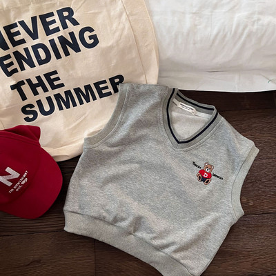 Dječji prsluk 2022, novo jesen, dječaci, djevojčice, pleteni prsluk s medvjedićima s V-izrezom