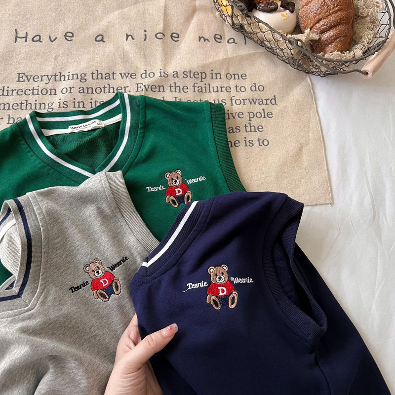 Dječji prsluk 2022, novo jesen, dječaci, djevojčice, pleteni prsluk s medvjedićima s V-izrezom