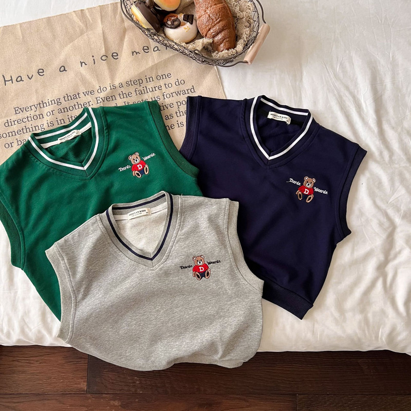 Dječji prsluk 2022, novo jesen, dječaci, djevojčice, pleteni prsluk s medvjedićima s V-izrezom