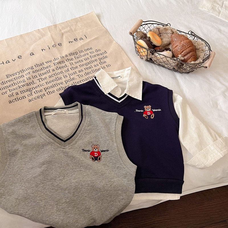 Dječji prsluk 2022, novo jesen, dječaci, djevojčice, pleteni prsluk s medvjedićima s V-izrezom