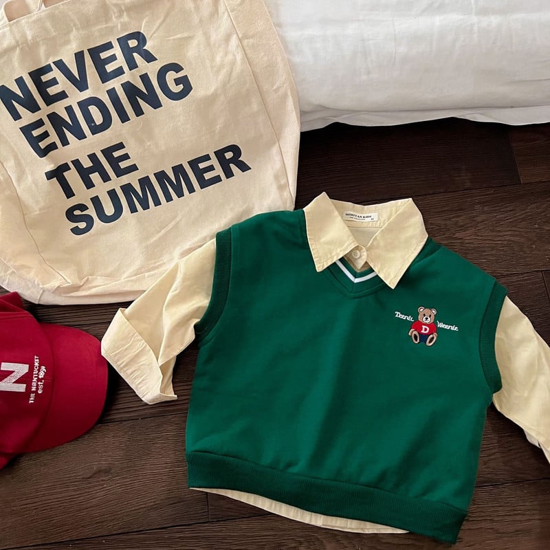 Dječji prsluk 2022, novo jesen, dječaci, djevojčice, pleteni prsluk s medvjedićima s V-izrezom