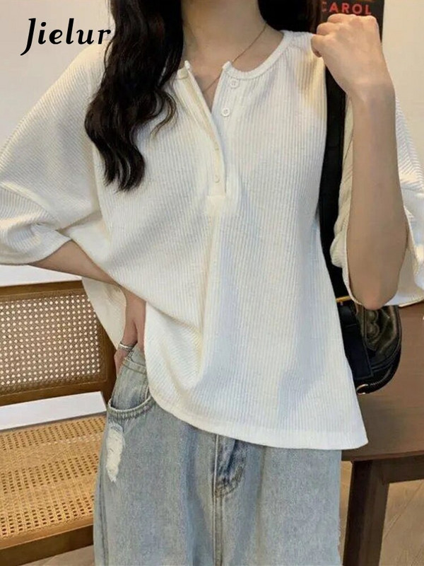 Jielur Φθινόπωρο Χειμώνας Καλοκαίρι Μόδα Μασίφ μπλουζάκια Casual Φαρδιά πουλόβερ Γυναικεία μακριά κοντομάνικα λεπτά μπλουζάκια πλεκτά τοπ μαλακά