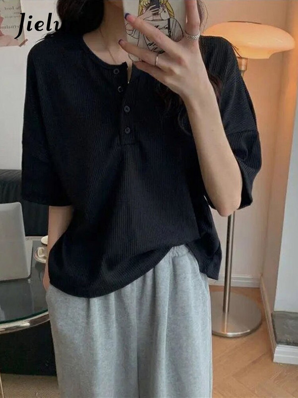 Jielur Φθινόπωρο Χειμώνας Καλοκαίρι Μόδα Μασίφ μπλουζάκια Casual Φαρδιά πουλόβερ Γυναικεία μακριά κοντομάνικα λεπτά μπλουζάκια πλεκτά τοπ μαλακά