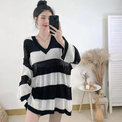 Rudens ziemas Y2k džemperis Sieviešu Harajuku Punk trikotāžas svītrains, retro lielizmēra džemperis ar džemperi, augšējais apģērbs