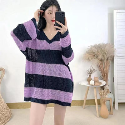 Rudens ziemas Y2k džemperis Sieviešu Harajuku Punk trikotāžas svītrains, retro lielizmēra džemperis ar džemperi, augšējais apģērbs