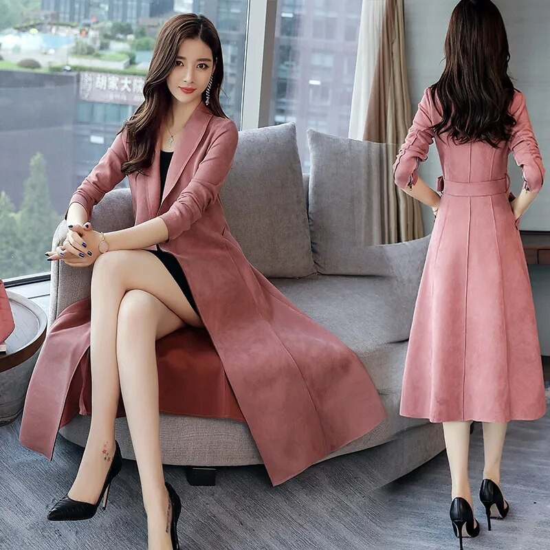 Pikk kunstnahast trentšmantel Naiste elegantne õhuke vööga mantlid, toa ööks ettevalmistamise krae kontorikardigan kevad-sügis roosa Gabardina Mujer