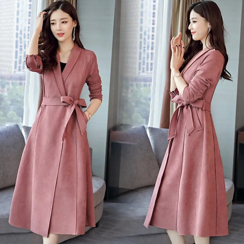 Pikk kunstnahast trentšmantel Naiste elegantne õhuke vööga mantlid, toa ööks ettevalmistamise krae kontorikardigan kevad-sügis roosa Gabardina Mujer