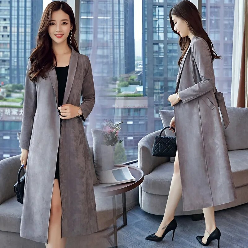 Pikk kunstnahast trentšmantel Naiste elegantne õhuke vööga mantlid, toa ööks ettevalmistamise krae kontorikardigan kevad-sügis roosa Gabardina Mujer