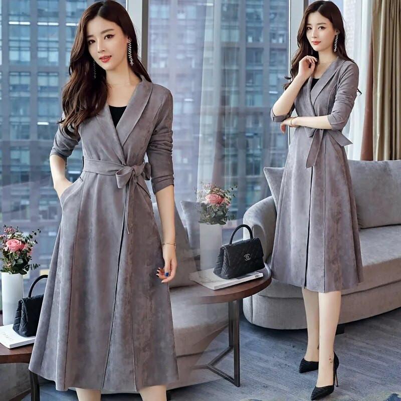 Pikk kunstnahast trentšmantel Naiste elegantne õhuke vööga mantlid, toa ööks ettevalmistamise krae kontorikardigan kevad-sügis roosa Gabardina Mujer