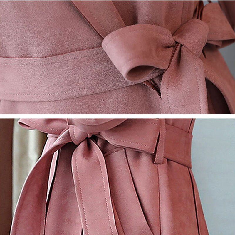 Pikk kunstnahast trentšmantel Naiste elegantne õhuke vööga mantlid, toa ööks ettevalmistamise krae kontorikardigan kevad-sügis roosa Gabardina Mujer