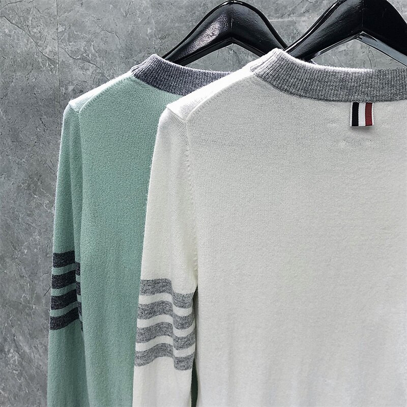 TB THOM Γυναικεία Πουλόβερ Κορεάτικα Παλτό Επώνυμων Μόδας Fun-Mix Συνονθύλευμα 4 ράβδων ρίγες Crewneck Πουλόβερ Kawaii Streetwear Πουλόβερ