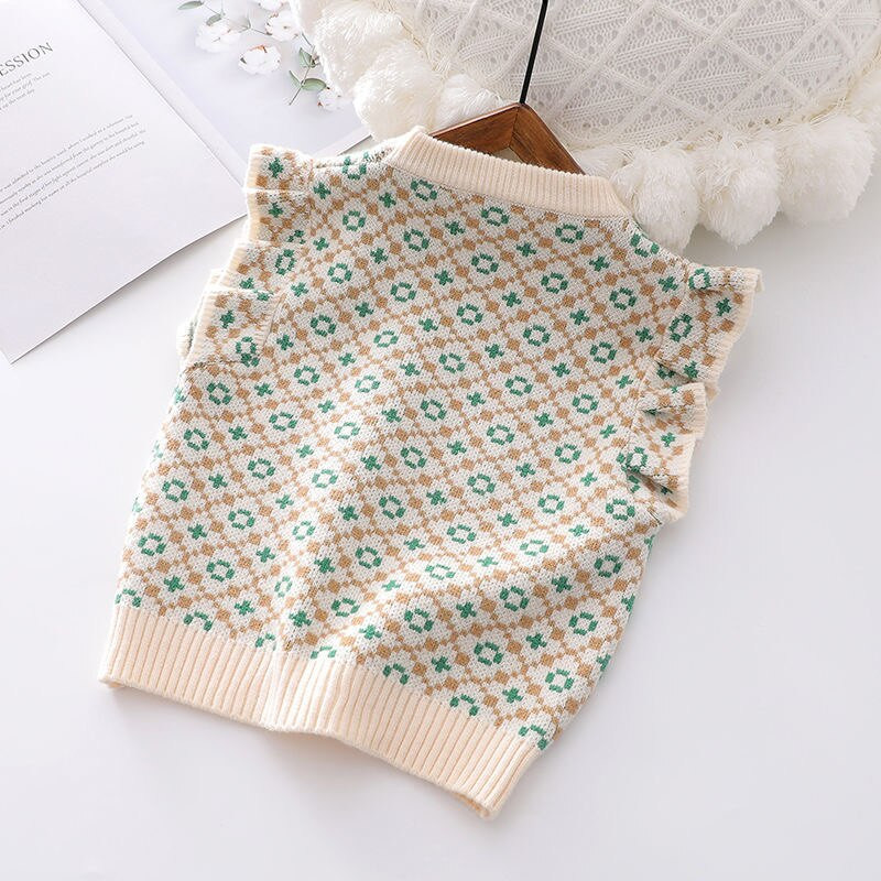 Φθινοπωρινά χειμωνιάτικα γιλέκα για κορίτσια Πλεκτό πουλόβερ Γιλέκο με λαιμόκοψη ζακάρ ύφανση Vintage αμάνικα παιδικά πανωφόρια πλεκτά