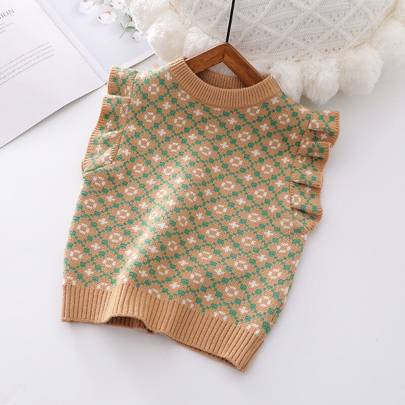 Φθινοπωρινά χειμωνιάτικα γιλέκα για κορίτσια Πλεκτό πουλόβερ Γιλέκο με λαιμόκοψη ζακάρ ύφανση Vintage αμάνικα παιδικά πανωφόρια πλεκτά